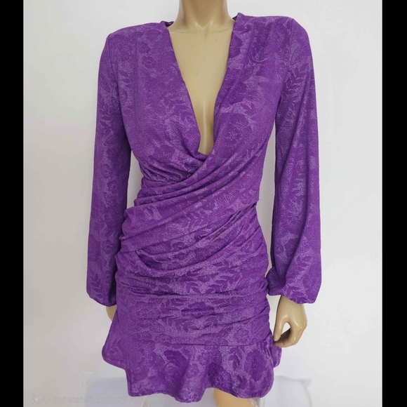 Zara Size S Small Brocade Purple Ruffle Edge Mini Dress Long Sleeves Beautiful - Picture 2 of 6